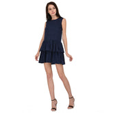 Blue cotton blend solid sleeveless dress, knee length with round neckline